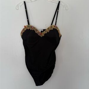 The Limited Black Bodysuit with Gold Lace Trim & Beads